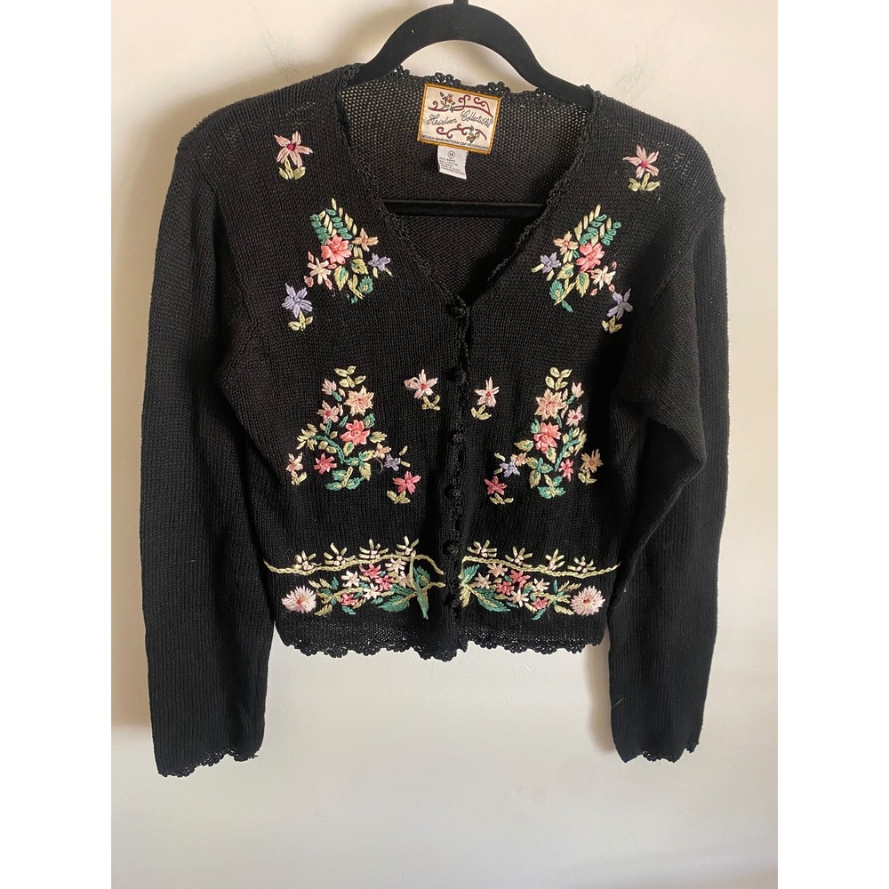 Heirloom Collectibles Vintage Black Floral Embroidered Cardigan Sweater Medium